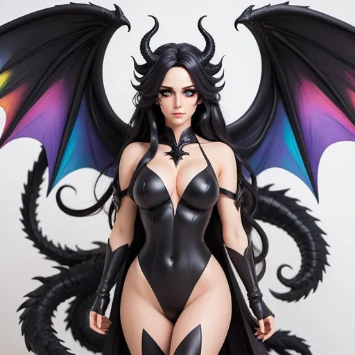Prompt: a mature woman with black dragon wings on the central area of the back, black horns curving forwards, and a black dragon tail. this woman has rainbow eyes. this woman has long hair. make this in the anime style. have her wearing succubus cosplay
