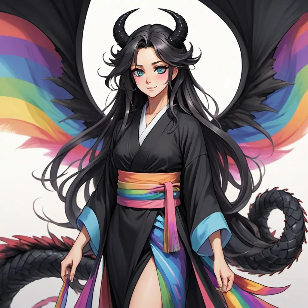 Prompt: a mature woman with black dragon wings on the central area of the back, black horns curving forwards, and a black dragon tail. this woman has rainbow eyes. this woman has long hair. make this in the anime style. have her wearing a kimono
