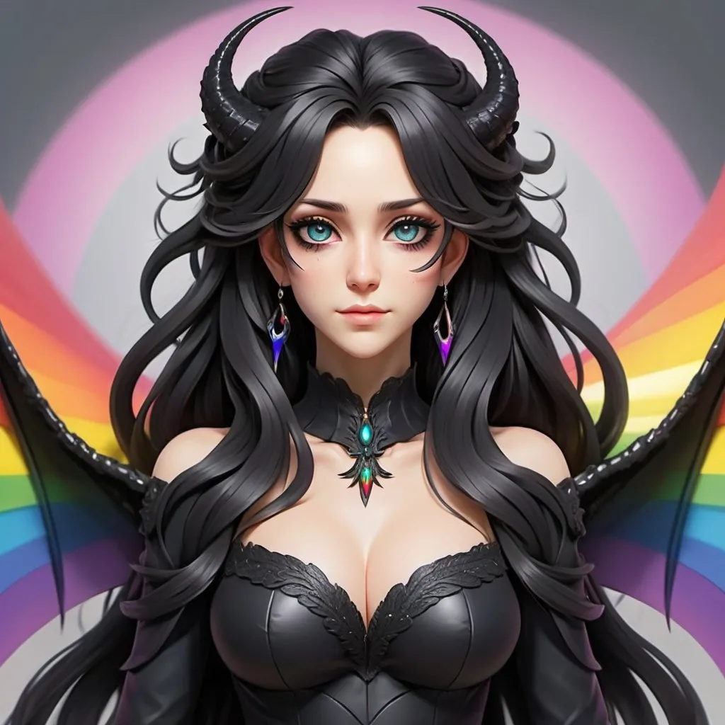 Prompt: a mature woman with black dragon wings on the central area of the back, black horns curving forwards, and a black dragon tail. this woman has rainbow eyes. this woman has long hair. make this in the anime style. have her wearing anime clothing
