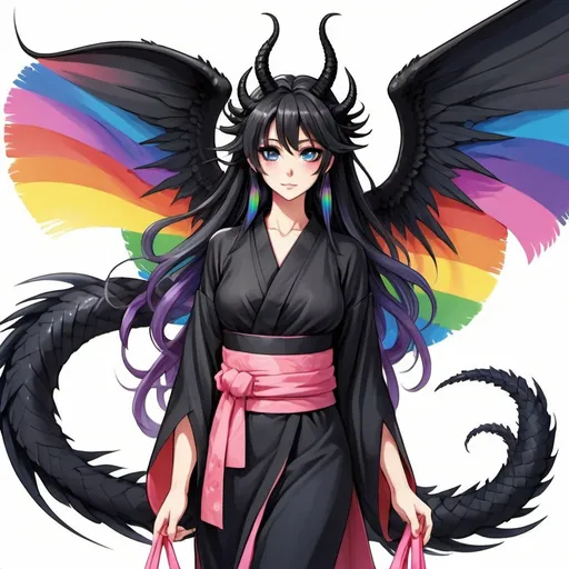 Prompt: a mature woman with black dragon wings on the central area of the back, black horns curving forwards, and a black dragon tail. this woman has rainbow eyes. this woman has long hair. make this in the anime style. have her wearing a kimono
