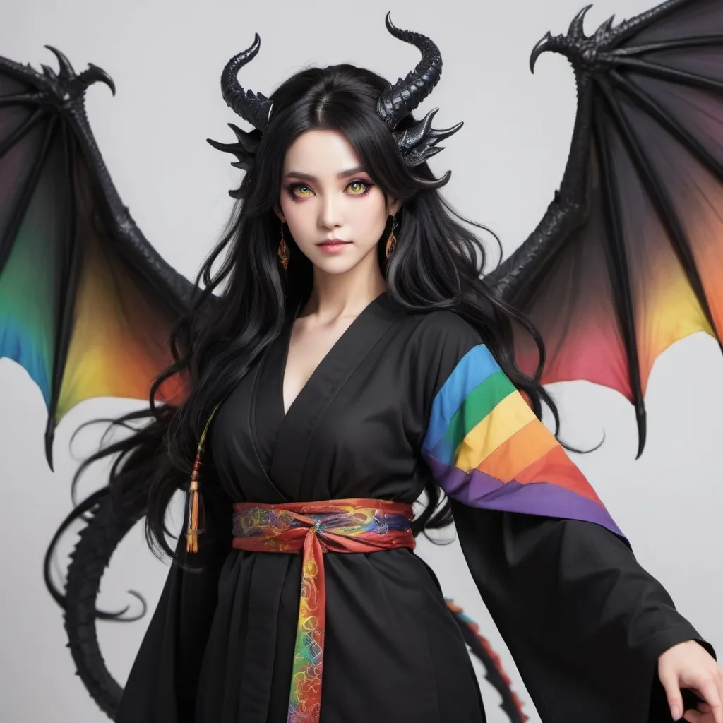 Prompt: a mature woman with black dragon wings on the central area of the back, black horns curving forwards, and a black dragon tail. this woman has rainbow eyes. this woman has long hair. make this in the anime style. have her wearing a eastern styled robe
