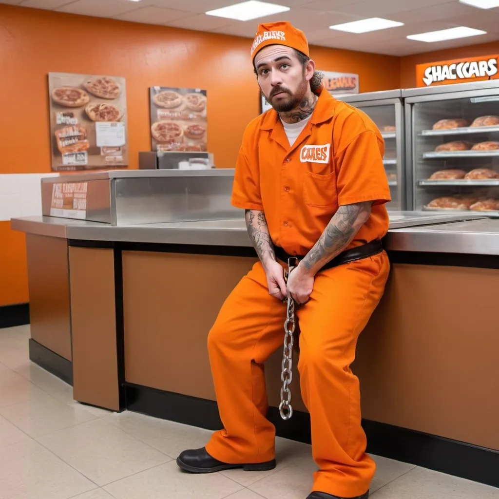 Prompt: a convicted felon wearing a prison uniform with shackles on their legs 
proposing in a little caesars. show the counter to order from. show a surprised worker