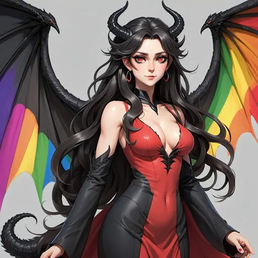 Prompt: a mature woman with black dragon wings on the central area of the back, black horns curving forwards, and a black dragon tail. this woman has rainbow eyes. this woman has long hair. make this in the anime style. have her wearing a red dress
