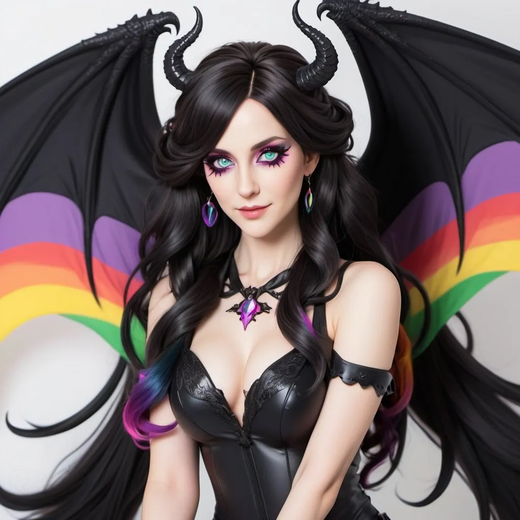 Prompt: a mature woman with black dragon wings on the central area of the back, black horns curving forwards, and a black dragon tail. this woman has rainbow eyes. this woman has long hair. make this in the anime style. have her wearing succubus cosplay
