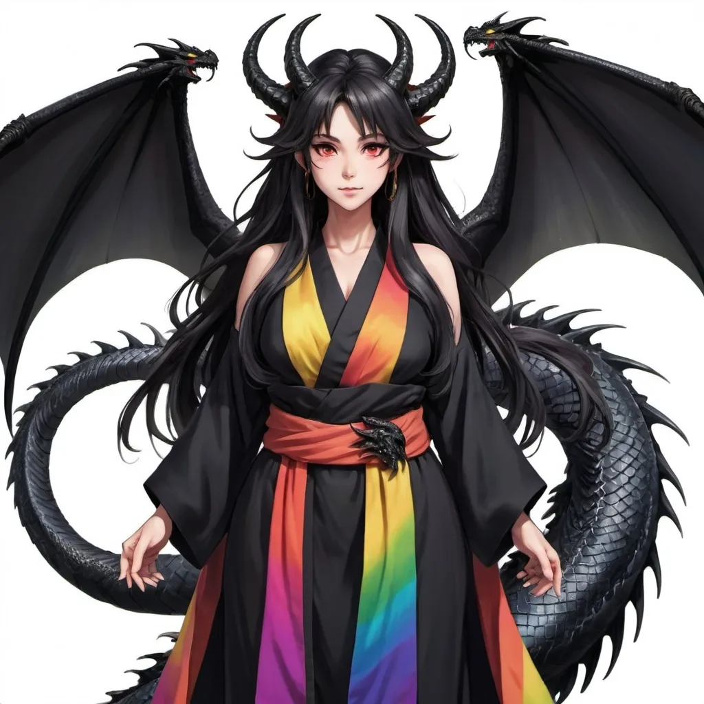 Prompt: a mature woman with black dragon wings on the central area of the back, black horns curving forwards, and a black dragon tail. this woman has rainbow eyes. this woman has long hair. make this in the anime style. have her wearing a eastern styled robe
