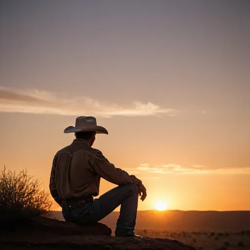 Prompt: a cowboy watching the sunset sitting down
