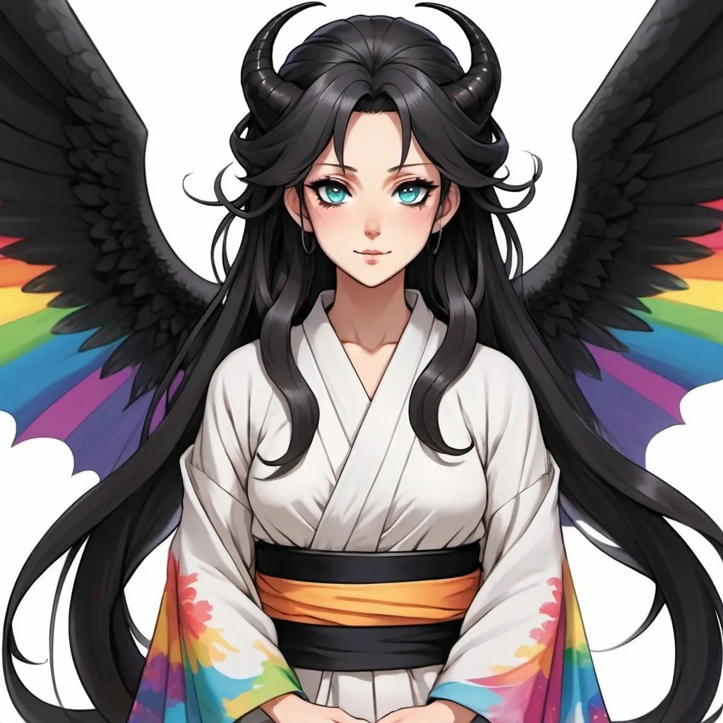 Prompt: a mature woman with black dragon wings on the central area of the back, black horns curving forwards, and a black dragon tail. this woman has rainbow eyes. this woman has long hair. make this in the anime style. have her wearing a kimono
