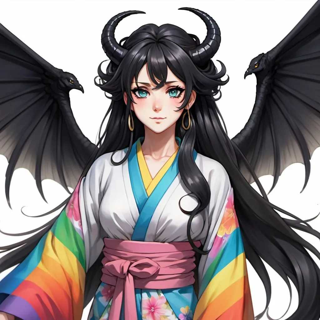 Prompt: a mature woman with black dragon wings on the central area of the back, black horns curving forwards, and a black dragon tail. this woman has rainbow eyes. this woman has long hair. make this in the anime style. have her wearing a kimono
