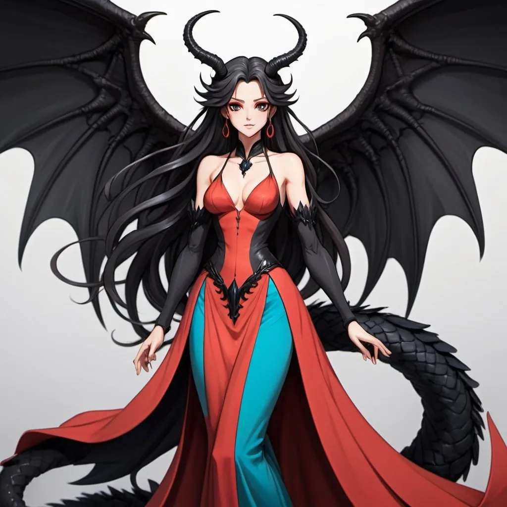 Prompt: a mature woman with black dragon wings on the central area of the back, black horns curving forwards, and a black dragon tail. this woman has rainbow eyes. this woman has long hair. make this in the anime style. have her wearing a red dress that has scales on it
