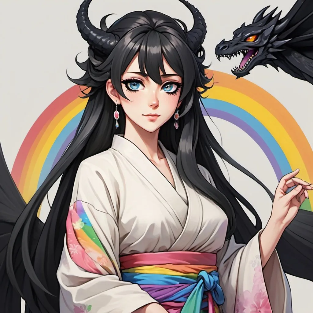 Prompt: a mature woman with black dragon wings on the central area of the back, black horns curving forwards, and a black dragon tail. this woman has rainbow eyes. this woman has long hair. make this in the anime style. have her wearing a kimono with an astrolobe
