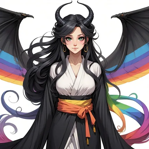 Prompt: a mature woman with black dragon wings on the central area of the back, black horns curving forwards, and a black dragon tail. this woman has rainbow eyes. this woman has long hair. make this in the anime style. have her wearing a eastern styled robe