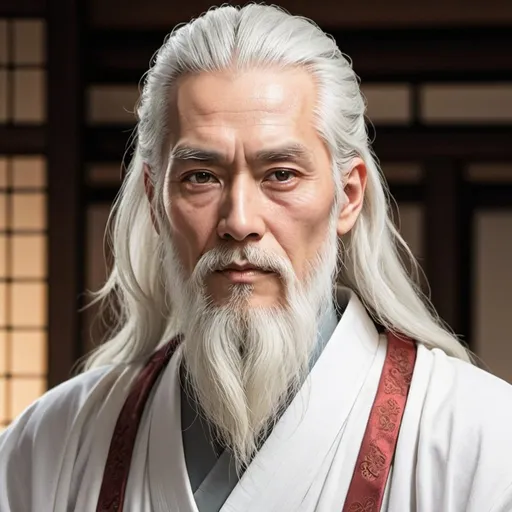 Prompt: an ageless man with long white hair and a long beard wearing an eastern styled white robe. he has grey eyes. he looks slightly asian and has pale skin. make him in the anime style