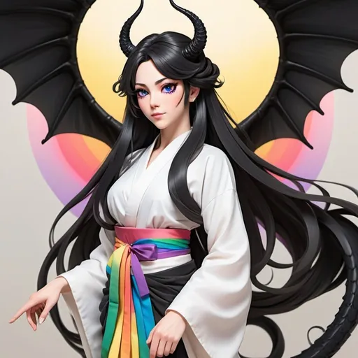 Prompt: a mature woman with black dragon wings on the central area of the back, black horns curving forwards, and a black dragon tail. this woman has rainbow eyes. this woman has long hair. make this in the anime style. have her wearing a kimono
