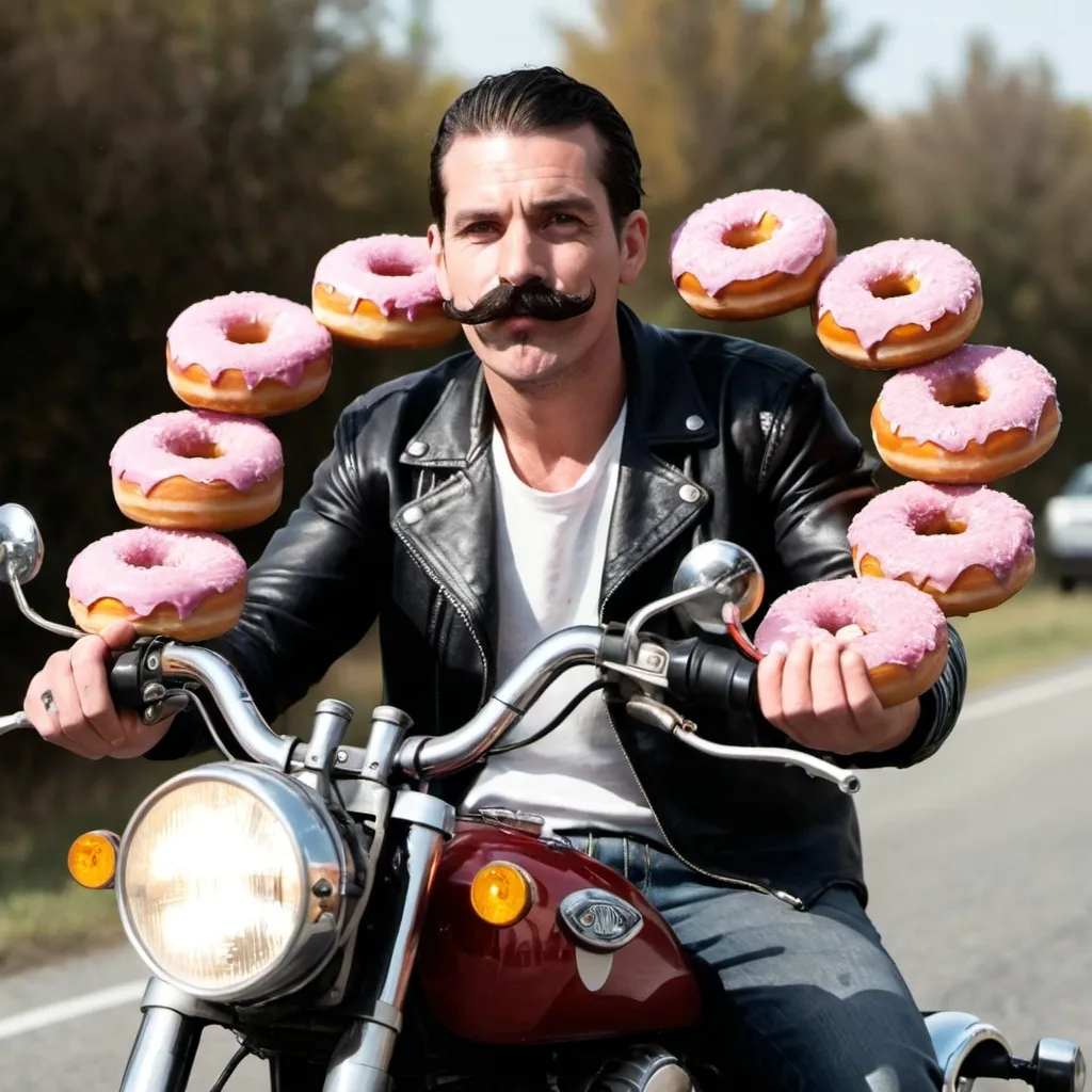 Prompt: a guy with a handlebar moustache riding a motorcycle with a dozen headlight donuts in his hand