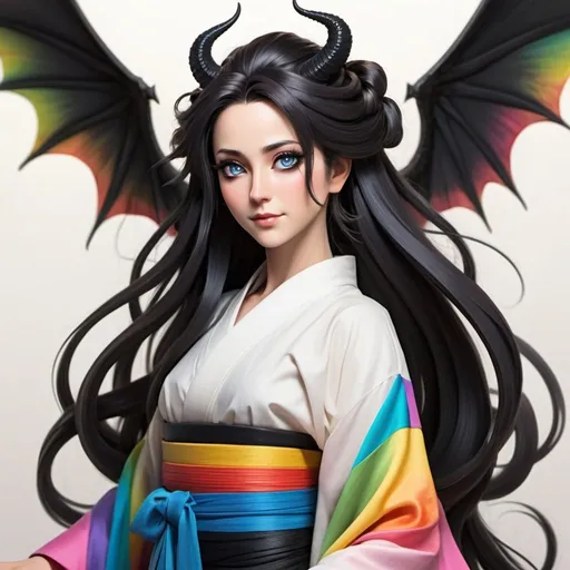 Prompt: a mature woman with black dragon wings on the central area of the back, black horns curving forwards, and a black dragon tail. this woman has rainbow eyes. this woman has long hair. make this in the anime style. have her wearing a kimono
