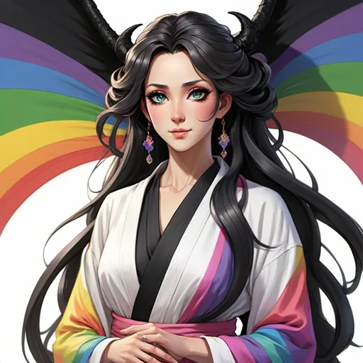 Prompt: a mature woman with black dragon wings on the central area of the back, black horns curving forwards, and a black dragon tail. this woman has rainbow eyes. this woman has long hair. make this in the anime style. have her wearing a eastern styled robe