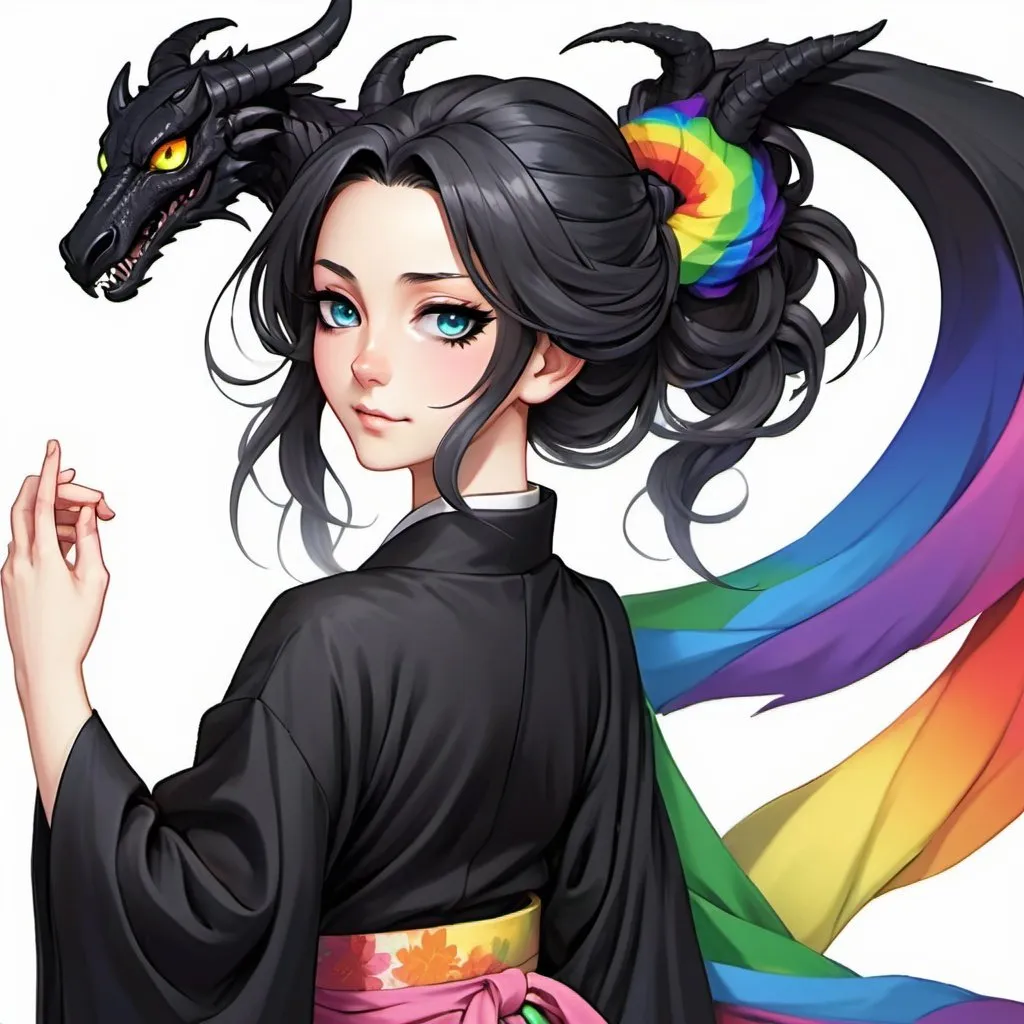 Prompt: a mature woman with black dragon wings on the central area of the back, black horns curving forwards, and a black dragon tail. this woman has rainbow eyes. this woman has long hair. make this in the anime style. have her wearing a kimono
