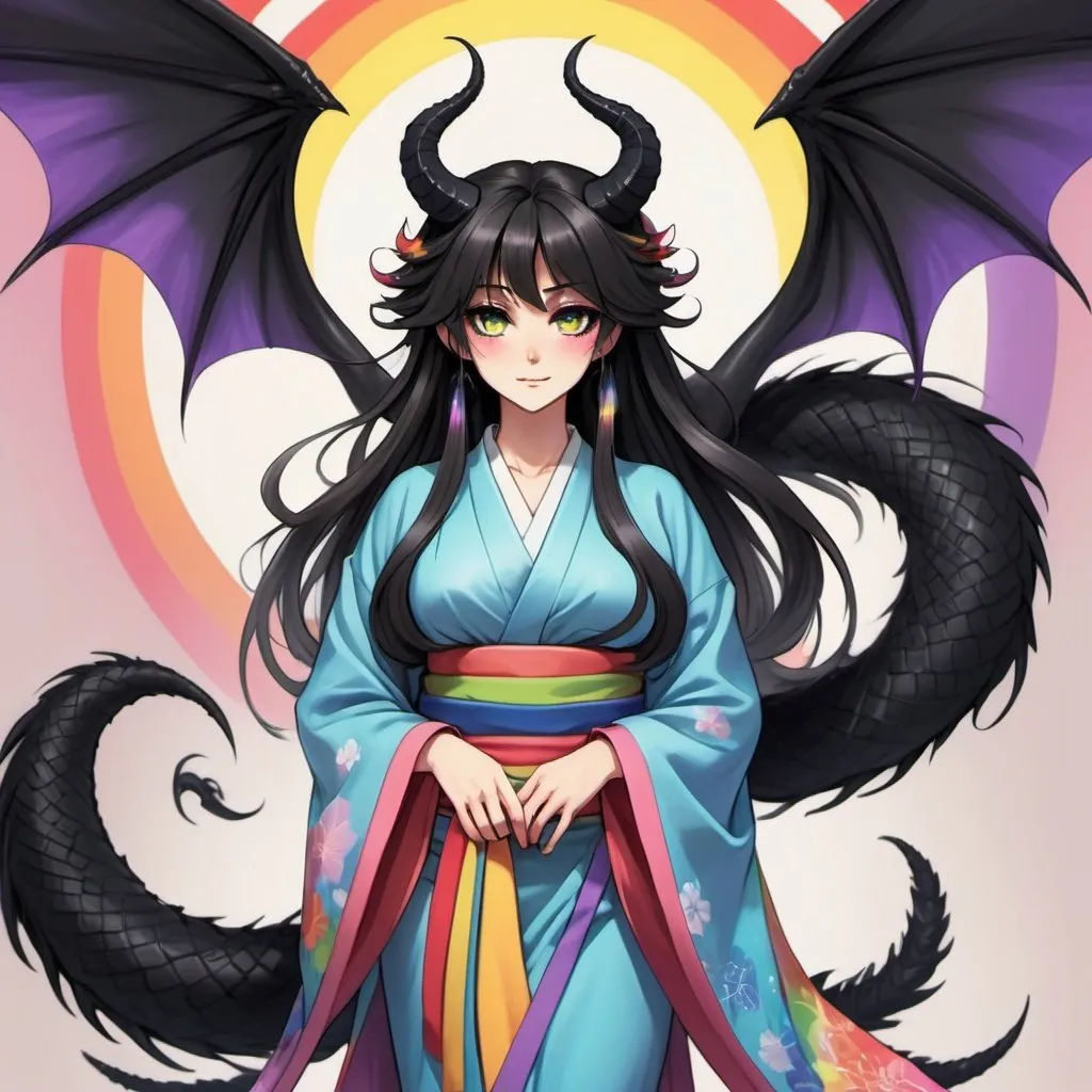 Prompt: a mature woman with black dragon wings on the central area of the back, black horns curving forwards, and a black dragon tail. this woman has rainbow eyes. this woman has long hair. make this in the anime style. have her wearing a kimono
