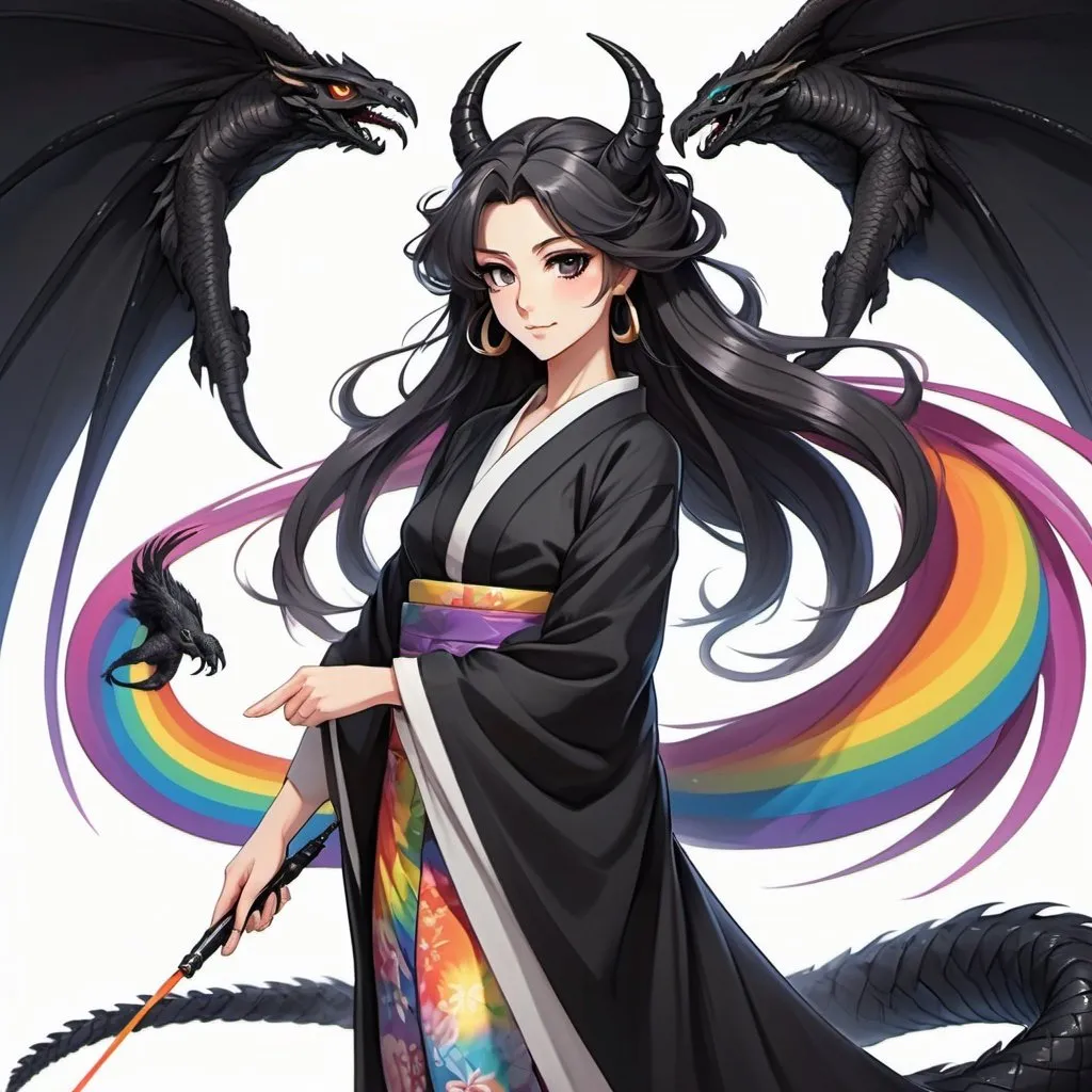 Prompt: a mature woman with black dragon wings on the central area of the back, black horns curving forwards, and a black dragon tail. this woman has rainbow eyes. this woman has long hair. make this in the anime style. have her wearing a kimono
