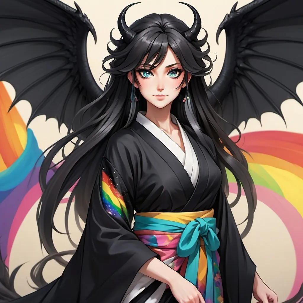 Prompt: a mature woman with black dragon wings on the central area of the back, black horns curving forwards, and a black dragon tail. this woman has rainbow eyes. this woman has long hair. make this in the anime style. have her wearing a kimono
