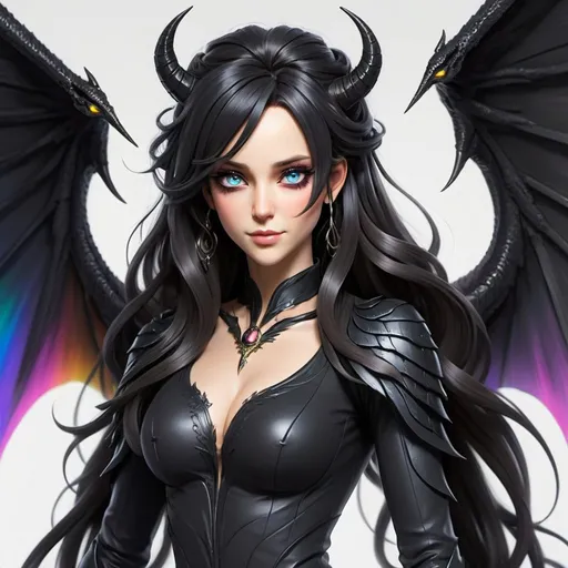 Prompt: a mature woman with black dragon wings on the central area of the back, black horns curving forwards, and a black dragon tail. this woman has rainbow eyes. this woman has long hair. make this in the anime style. 
