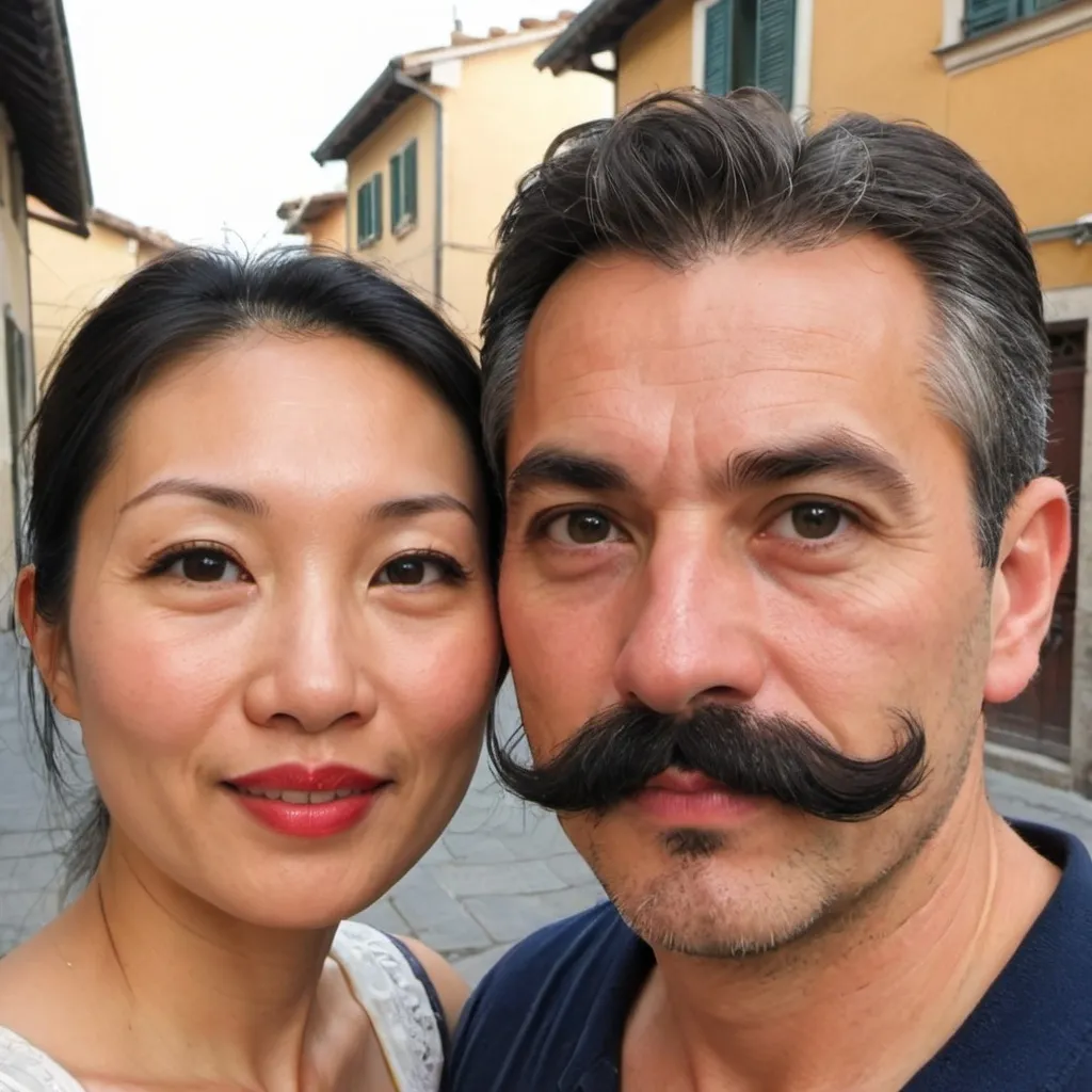 Prompt: an italian guy with a handlebar moustache with an asian wife