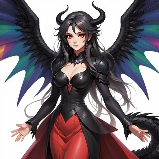 Prompt: a mature woman with black dragon wings on the central area of the back, black horns curving forwards, and a black dragon tail. this woman has rainbow eyes. this woman has long hair. make this in the anime style. have her wearing a red dress that has scales on it

