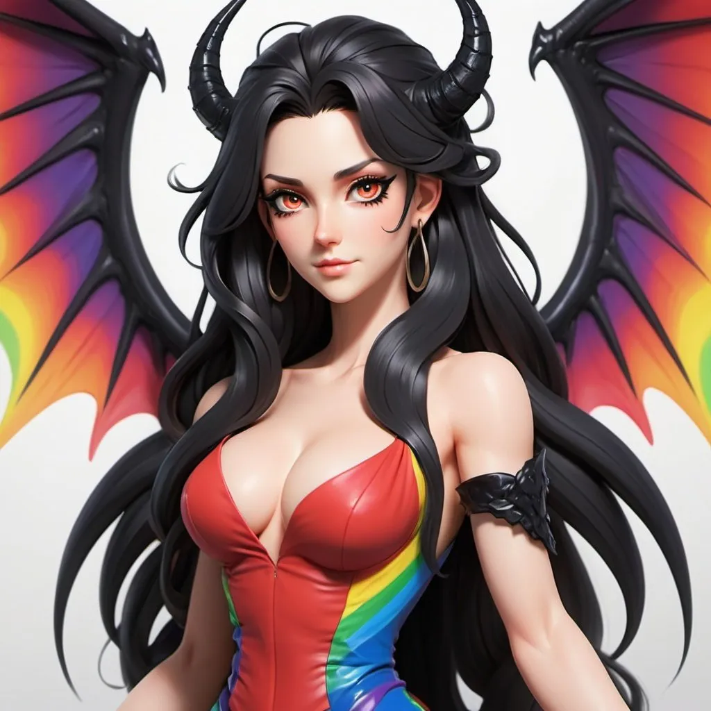 Prompt: a mature woman with black dragon wings on the central area of the back, black horns curving forwards, and a black dragon tail. this woman has rainbow eyes. this woman has long hair. make this in the anime style. have her wearing a red dress
