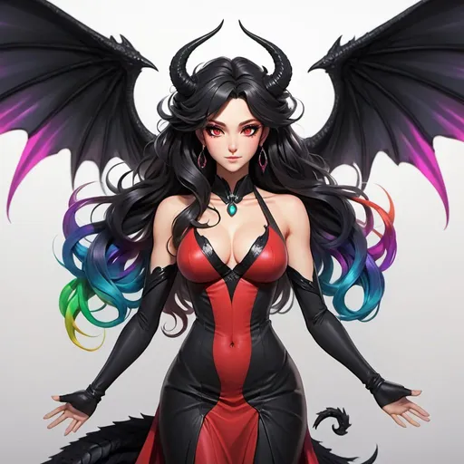 Prompt: a mature woman with black dragon wings on the central area of the back, black horns curving forwards, and a black dragon tail. this woman has rainbow eyes. this woman has long hair. make this in the anime style. have her wearing a red dress
