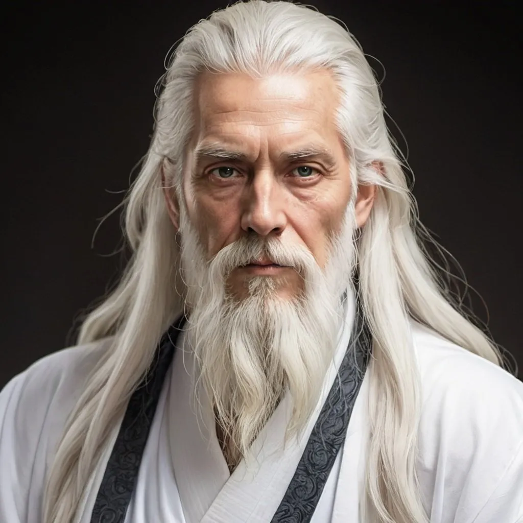 Prompt: an ageless man with long white hair and a long beard wearing an eastern styled white robe. make this in the anime style. he has grey eyes