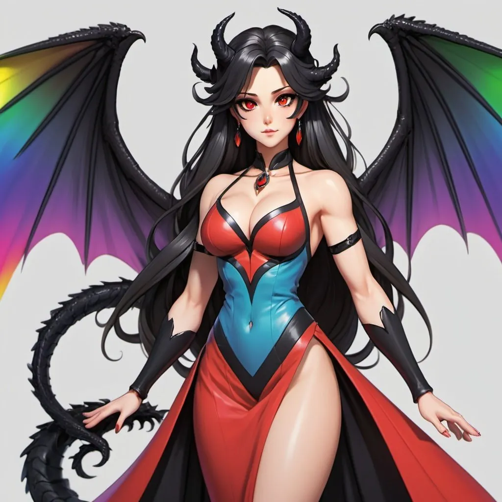 Prompt: a mature woman with black dragon wings on the central area of the back, black horns curving forwards, and a black dragon tail. this woman has rainbow eyes. this woman has long hair. make this in the anime style. have her wearing a red dress that has scales on it
