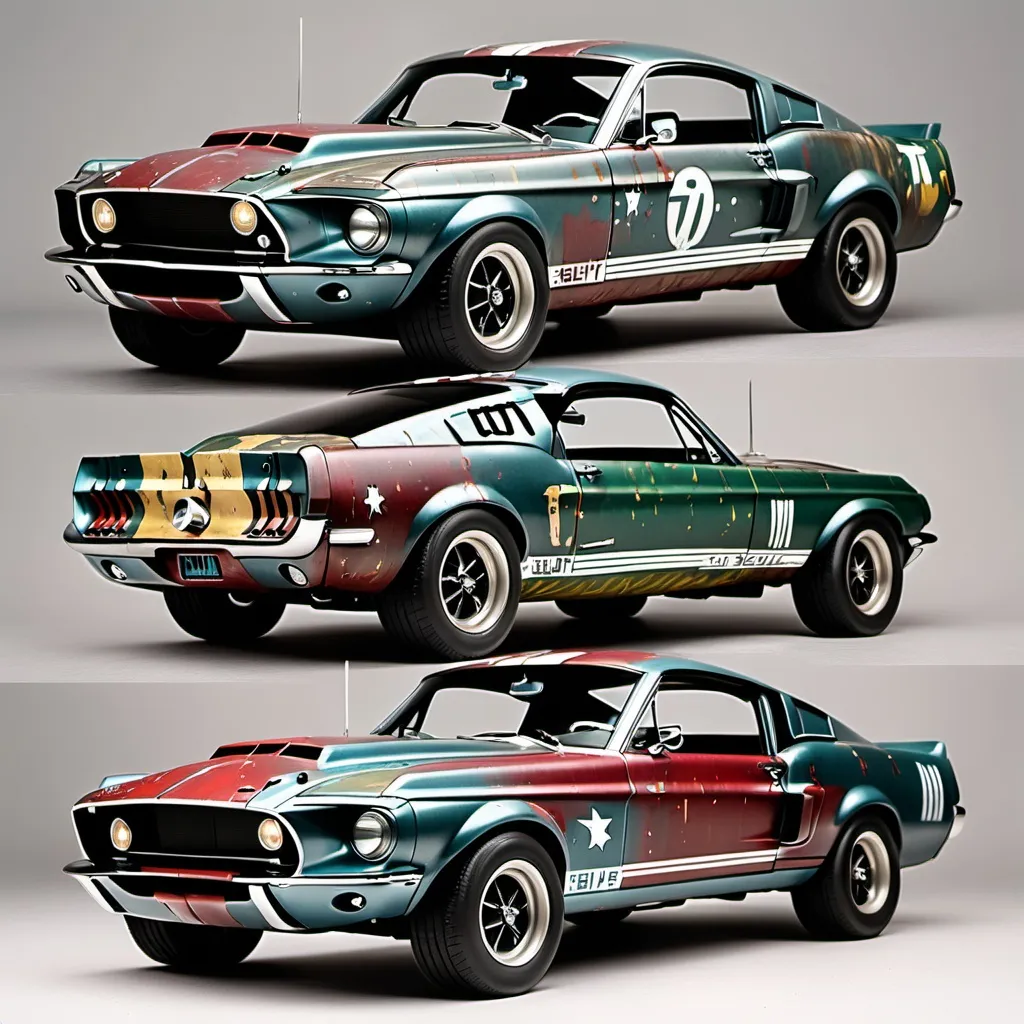 Prompt: A 1967 Shelby Gt500, painted with the colors of Boba Fett Star Wars make it also "battle worn". show top, back and side views for paint refrence