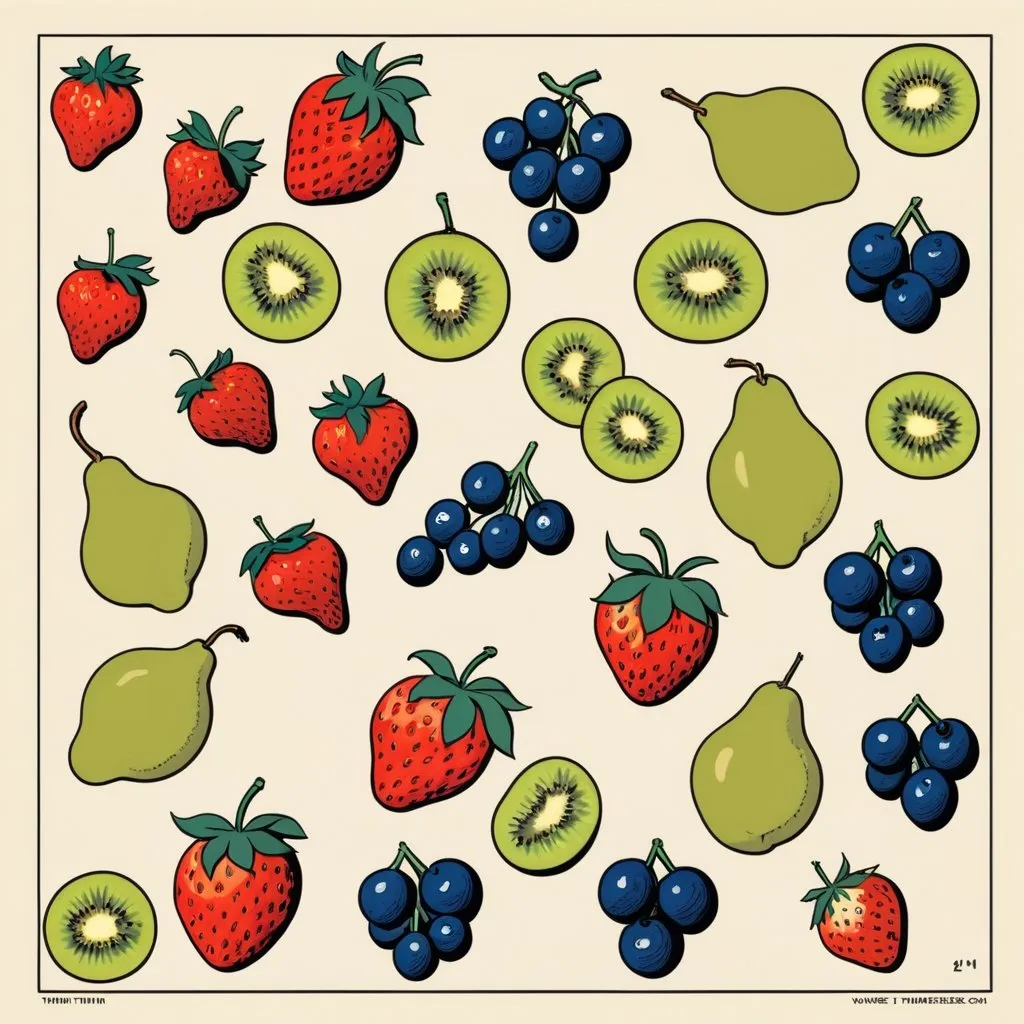 Prompt:  2d comic book panel, in the style of Tintin by Hergé, bright beige background, martisse style fruites such as strawberries, blueberries, kiwi