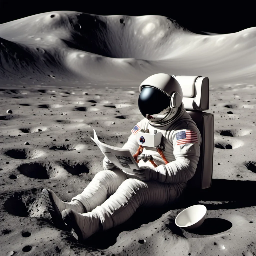 Prompt: Astronaut sitting on the flush on the surface of the moon. Moon desert and small craters are all around him. Earth could be seen in the background. the astronaut is reading a news paper while sitting on the flush and pooping. 