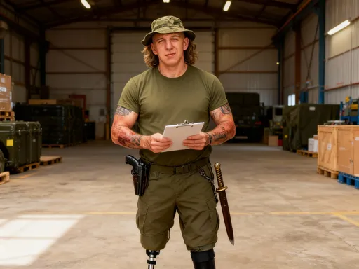 Prompt: A retired soldier in a green army t shirt standing in a warehouse holding a clipboard working to inventory army supplies in a pre-positioning warehouse in Poland. He had to retire because of a prosthetic that is only on his left leg below his knee.  Muscular, wavy hair over his ears, large burn scars on his arms, and tattoos on his right arm.  jungle hat. pistol on his right hip in a holster.  knife in a sheath on his belt on his left hip. 