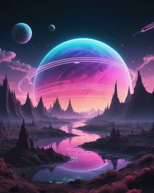 Prompt: Create a dreamlike image of a planet made entirely of synthesizers. The background should be an ethereal, slightly distorted, colorful sky with soft, glowing light. The planet should be covered with various analog synthesizers, including iconic models like Moog, Prophet, and Korg. Add a surreal, cyberpunk aesthetic with neon light accents and floating sine, square, and sawtooth waves. The scene should be whimsical and dreamlike, with a bright and airy atmosphere. No characters or buildings, just the planet and the ethereal sky
