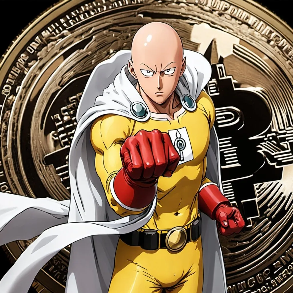 Prompt: One punch men Saitama with cryptocurrency 