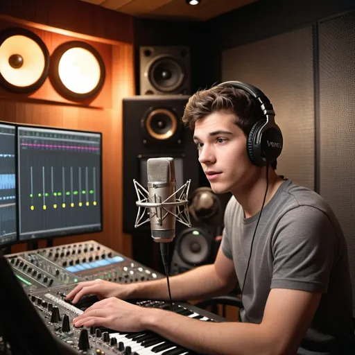 Prompt: Create an image of a male age 20 voice actor in a professional recording studio. The voice actor is wearing headphones and speaking into a high-quality condenser microphone. The studio features soundproof walls, a mixing console with various knobs and sliders, and a computer screen displaying audio recording software. The overall atmosphere is modern and focused, with soft ambient lighting. 