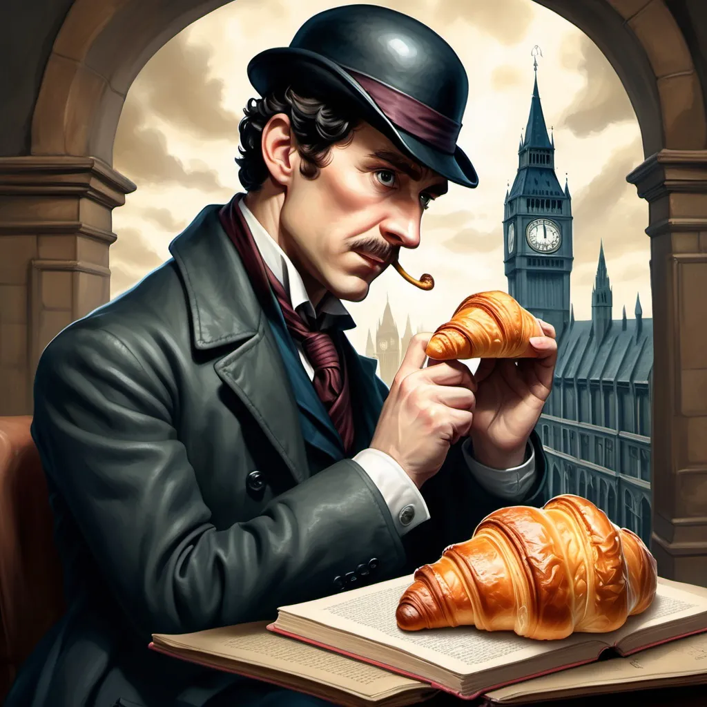 Prompt: Cover of the book "Sherlock Holmes and the stolen croissant" in style of harry potter books