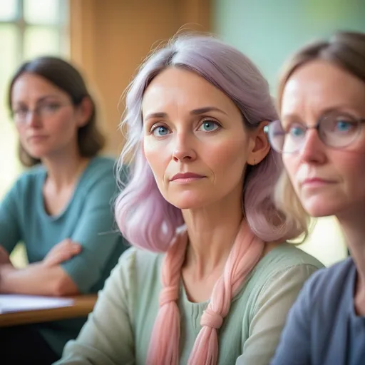 Prompt: Dreamy pastel portrait, primary teacher in a IA conference with an other teachers listening, ethereal atmosphere, soft focus