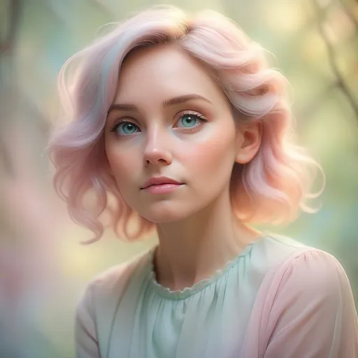 Prompt: Dreamy pastel portrait, primary teacher, ethereal atmosphere, soft focus