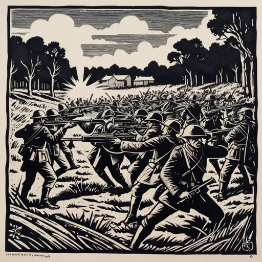 Prompt: A linocut of of a active battlefield in midivel times but they have guns from WW1