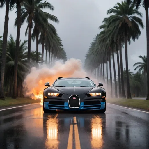 Prompt: bugatti facing me with fire coming from under it and rain dropping from the sky and tall palm trees on the sides of the road