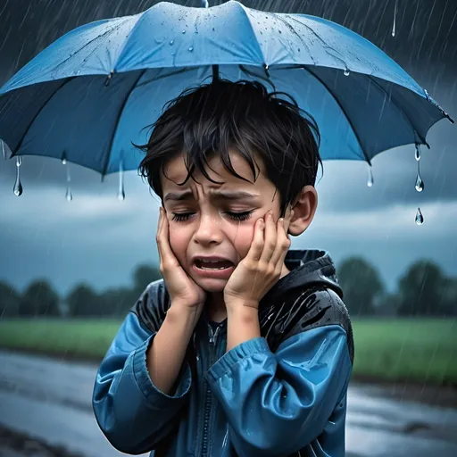Prompt: A boy crying under rain in blue and black theme of sky
