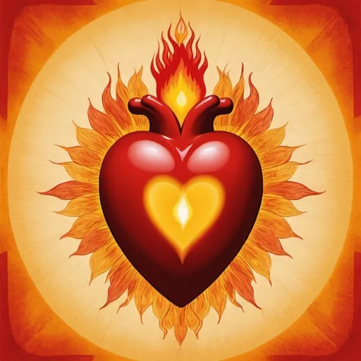 Prompt: A Sacred Heart, human heart, fire around in orange, yellow, red,