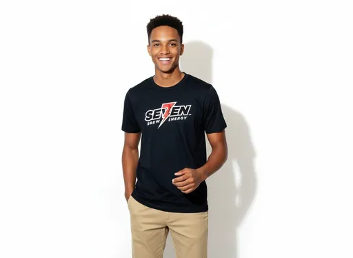 Prompt: A medium height mixed race male.  Youthful college age.  Energetic, fun, happy, humble, and confident.  White background, no shadow.  He is wearing the exact shirt in the image and khaki pants.