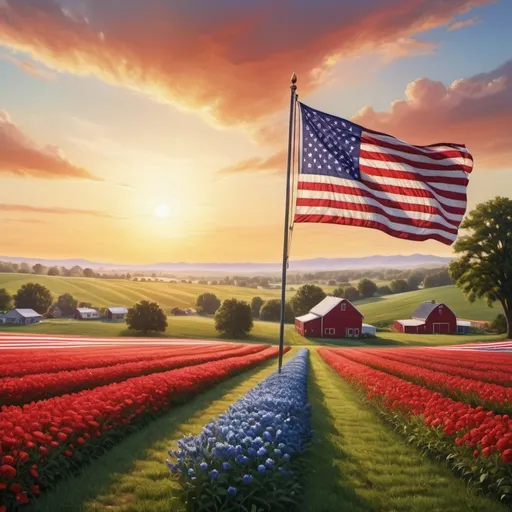 Prompt: Photorealistic image of a big, bright U.S. flag flying high over beautiful farmland, flying to the right, vibrant sunrise in the background, lush green landscape, beautiful red white and blue flowers dotting the landscape, lush landscape, highly detailed fabric texture, realistic colors, high definition, photorealism, patriotic, joyful atmosphere, scenic beauty, natural lighting