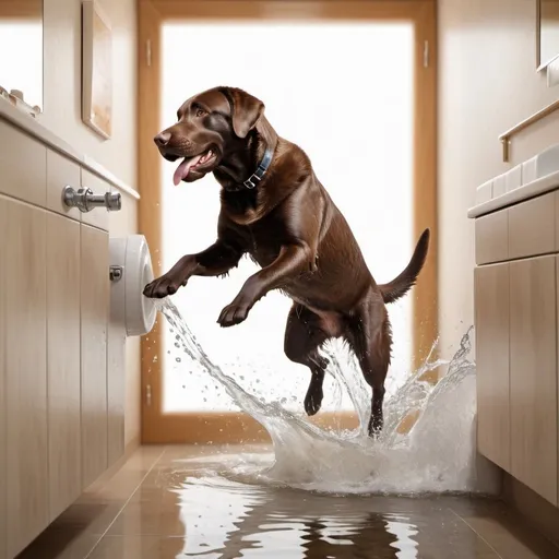 Prompt: Brown labrador jumping into the toilet, realistic water reflections, high quality, detailed fur, humorous, realistic, indoor setting, playful, water splashes, focus on labrador, detailed scene, natural lighting, playful, high quality, realistic, humorous, indoor, detailed fur, realistic water, splashes, labrador, toilet