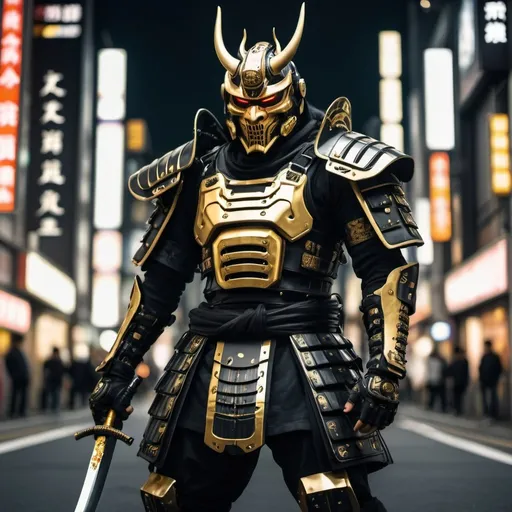 Prompt: a human wear a cyberpunk samurai full body armor, looks like a robot, wear a samurai mouth mask at the nose have two tusk under each other the first one small the second bigger, hold his hand the laser samurai sword, armor color black and gold, more black less gold color,the background tokyo at night , high resolution, wide view