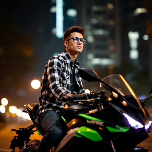 Prompt: Sitting confidently on a sleek black motorcycle, a young man in a checked black and white shirt exudes a sense of adventure and style. His short hair is neatly styled, and he wears clear, oversized glasses that add to his modern look. The motorcycle, prominently featuring a sporty design with bright green accents, is positioned against a backdrop of illuminated architecture, suggesting an urban setting, likely at night. The scene is further enhanced by soft lighting that casts a warm glow, highlighting the contours of the bike and the man's expression of focused determination as he gazes off to the side. This composition captures a moment teeming with potential, inviting the viewer to envision a thrilling ride ahead.